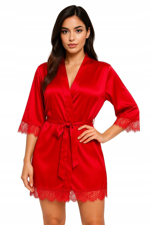 Szlafrok damski satynowy z koronką czerwony
