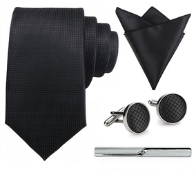 Zestaw męski w pudełku - krawat + poszetka + spinki do mankietów + spinka do krawata CZARNY
