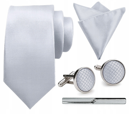 Zestaw męski w pudełku - krawat + poszetka + spinki do mankietów + spinka do krawata JASNY SZARY