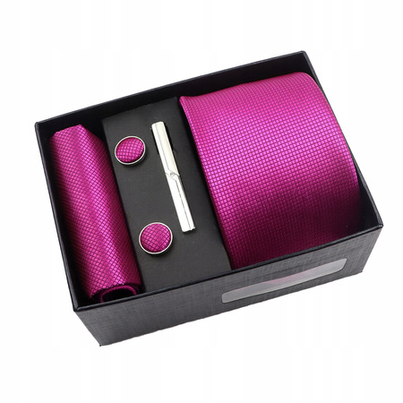Zestaw męski w pudełku - krawat + poszetka + spinki do mankietów + spinka do krawata CIEMNY RÓŻOWY