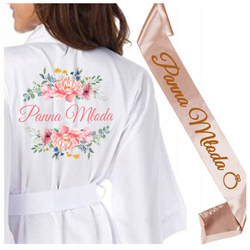 Zestaw szlafrok damski satynowy szarfa Panna Młoda