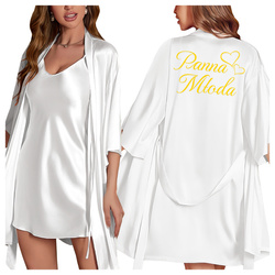 Szlafrok damski satynowy z napisem Panna Młoda i koszulka nocna