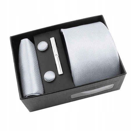 Zestaw męski w pudełku - krawat + poszetka + spinki do mankietów + spinka do krawata JASNY SZARY