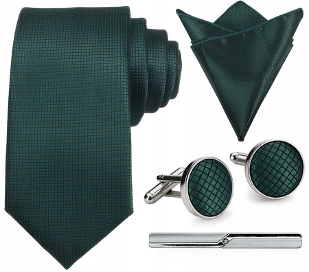 Zestaw męski w pudełku - krawat + poszetka + spinki do mankietów + spinka do krawata BUTELKOWA ZIELEŃ