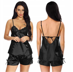 Piżama satynowa spodenki top koronka czarna