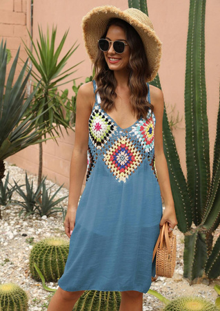 Sukienka na ramiączkach z haftem pareo plażowe NIEBIESKA