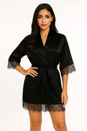 Szlafrok damski satynowy z koronką czarny