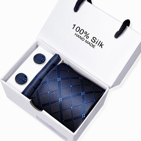 Elegancki jedwabny zestaw krawat + poszetka + spinki do mankietów