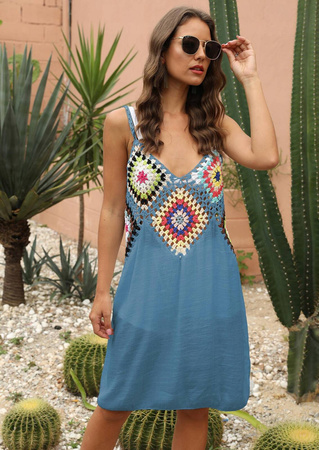 Sukienka na ramiączkach z haftem pareo plażowe NIEBIESKA