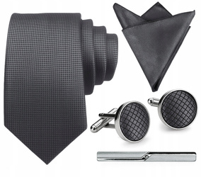 Zestaw męski w pudełku - krawat + poszetka + spinki do mankietów + spinka do krawata GRAFITOWY