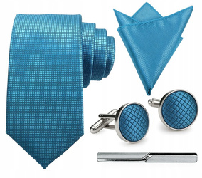 Zestaw męski w pudełku - krawat + poszetka + spinki do mankietów + spinka do krawata NIEBIESKI