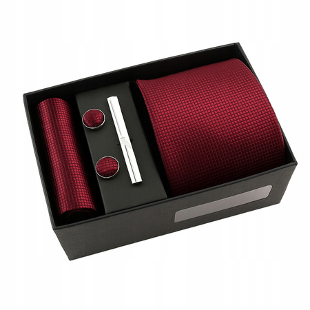 Zestaw męski w pudełku - krawat + poszetka + spinki do mankietów + spinka do krawata BORDOWY