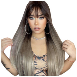 Peruka z grzywką prosta brąz blond ombre