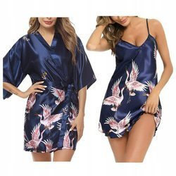 Komplet szlafrok damski satynowy print koszulka