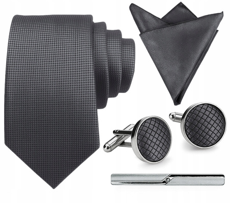 Zestaw męski w pudełku - krawat + poszetka + spinki do mankietów + spinka do krawata GRAFITOWY