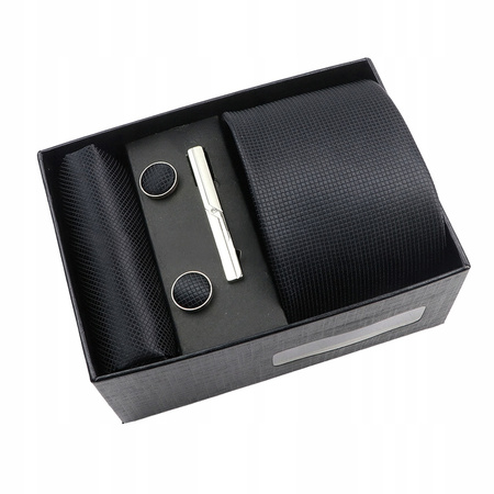 Zestaw męski w pudełku - krawat + poszetka + spinki do mankietów + spinka do krawata CZARNY