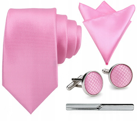 Zestaw męski w pudełku - krawat + poszetka + spinki do mankietów + spinka do krawata RÓŻOWY