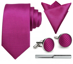 Zestaw męski w pudełku - krawat + poszetka + spinki do mankietów + spinka do krawata CIEMNY RÓŻOWY