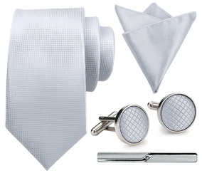 Zestaw męski w pudełku - krawat + poszetka + spinki do mankietów + spinka do krawata JASNY SZARY