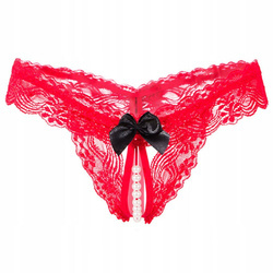 Stringi damskie koronkowe z perełkami kokardka