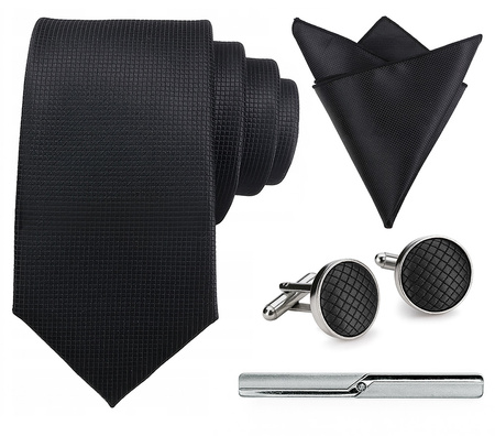 Zestaw męski w pudełku - krawat + poszetka + spinki do mankietów + spinka do krawata CZARNY