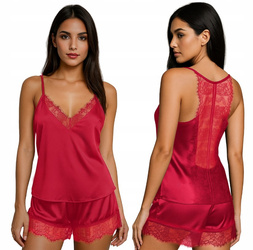 Piżama satynowa z koronką - bordowa