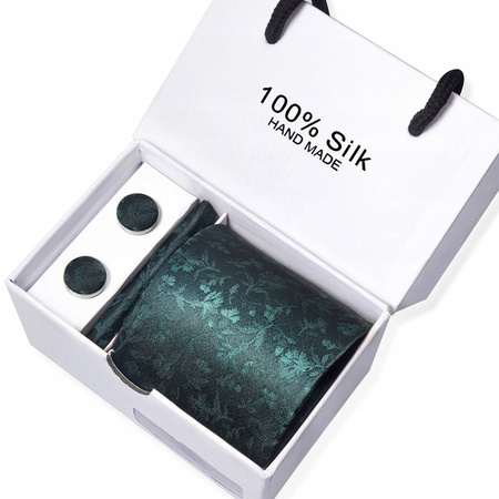 Elegancki jedwabny zestaw krawat + poszetka + spinki do mankietów