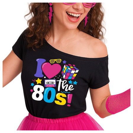 Koszulka lata 80. czarna bluzka disco "I LOVE 80'S"