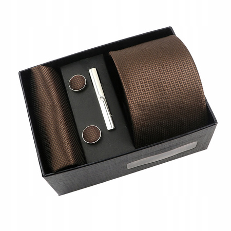 Zestaw męski w pudełku - krawat + poszetka + spinki do mankietów + spinka do krawata BRĄZOWY
