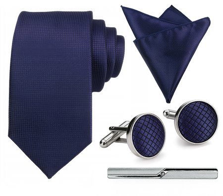 Zestaw męski w pudełku - krawat + poszetka + spinki do mankietów + spinka do krawata GRANATOWY