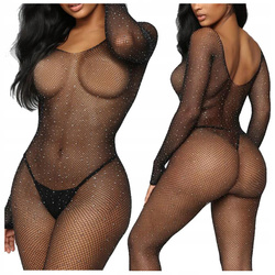 Bodystocking długi rękaw siateczka cyrkonie