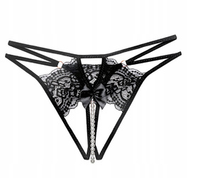 Stringi z rozcięciem i perełkami - czarne