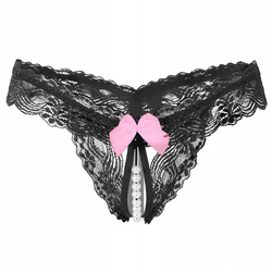 Stringi damskie koronkowe z perełkami kokardka