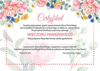 Certyfikat dla Panny Młodej dyplom panieński