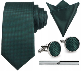 Zestaw męski w pudełku - krawat + poszetka + spinki do mankietów + spinka do krawata BUTELKOWA ZIELEŃ