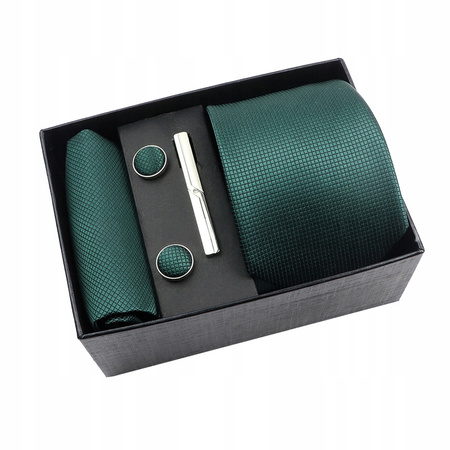 Zestaw męski w pudełku - krawat + poszetka + spinki do mankietów + spinka do krawata BUTELKOWA ZIELEŃ