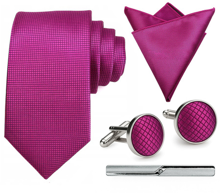 Zestaw męski w pudełku - krawat + poszetka + spinki do mankietów + spinka do krawata CIEMNY RÓŻOWY