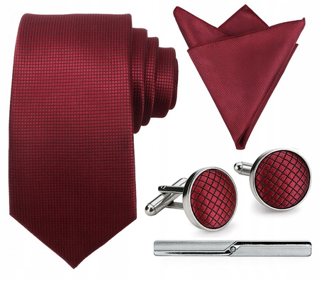 Zestaw męski w pudełku - krawat + poszetka + spinki do mankietów + spinka do krawata BORDOWY