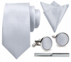 Zestaw męski w pudełku - krawat + poszetka + spinki do mankietów + spinka do krawata JASNY SZARY