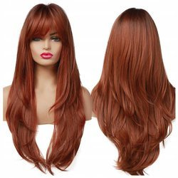 Peruka z grzywka falowana rudy brąz