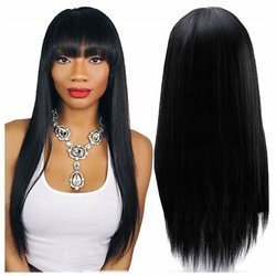 Peruka długa czarna prosta z grzywką