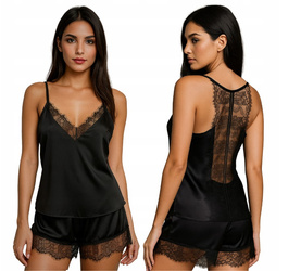 Piżama satynowa z koronką - czarna