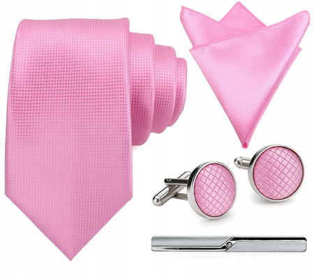 Zestaw męski w pudełku - krawat + poszetka + spinki do mankietów + spinka do krawata RÓŻOWY