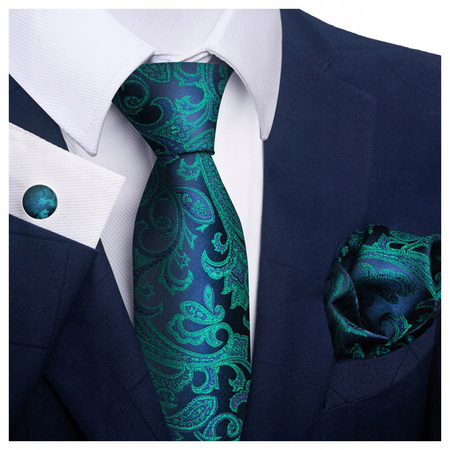 Elegancki jedwabny zestaw krawat + poszetka + spinki do mankietów