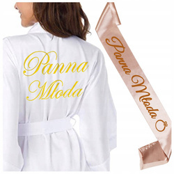 Zestaw szlafrok damski satynowy szarfa Panna Młoda