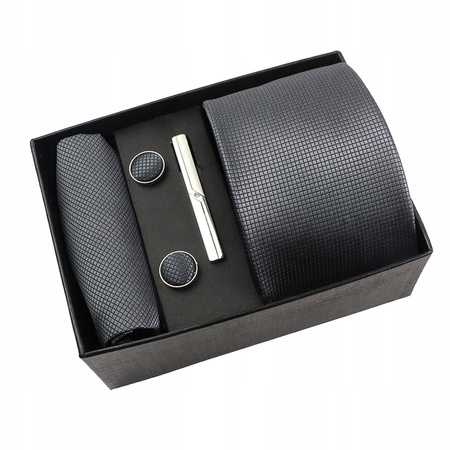 Zestaw męski w pudełku - krawat + poszetka + spinki do mankietów + spinka do krawata GRAFITOWY