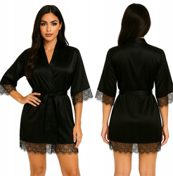 Szlafrok damski satynowy z koronką czarny