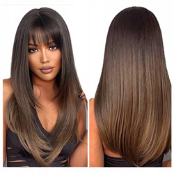 Peruka długa brąz prosta grzywka