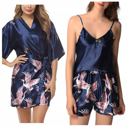 Komplet szlafrok damski satynowy print top spodenki