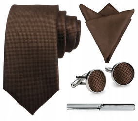 Zestaw męski w pudełku - krawat + poszetka + spinki do mankietów + spinka do krawata BRĄZOWY